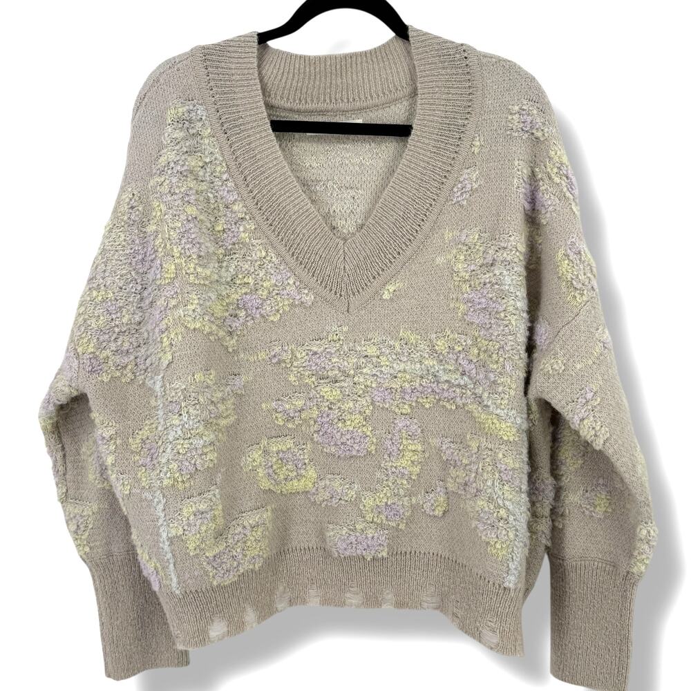 By Anthropologie Textured Knit  V-Neck Sweater Size Medium Oversize Boho Fit